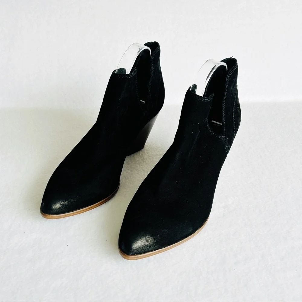 Frye Black Suede Cutout Ankle Booties with Wood Heel